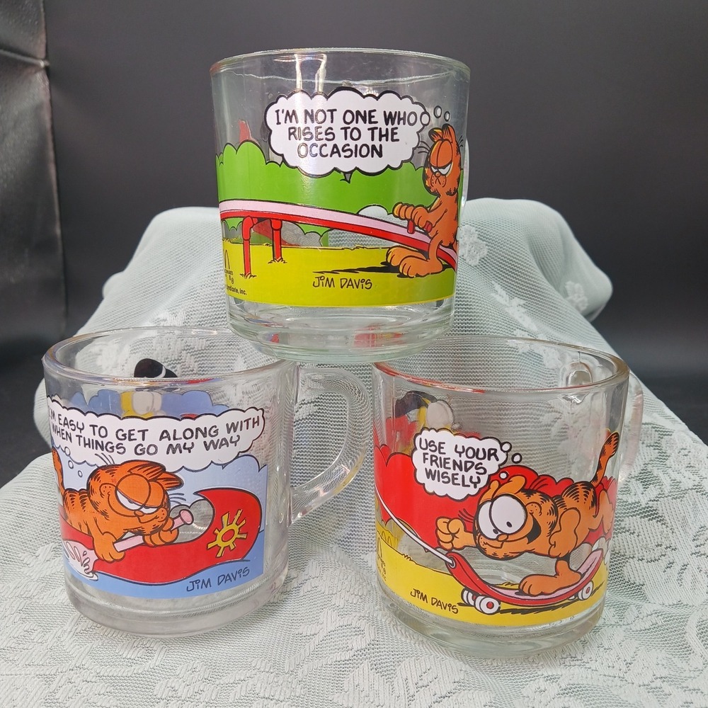 Vintage Set of 3 Garfield and Odie Glass Mugs Cups McDonald's 1978 1979 1980